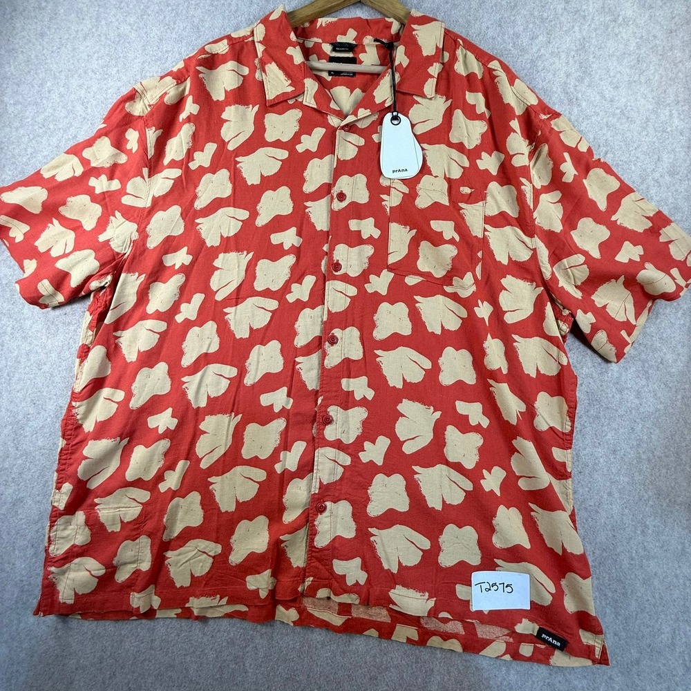 NWT PrAna Relaxed Fit Short Sleeve Button Up Shirt Red Tan Abstract Print XL